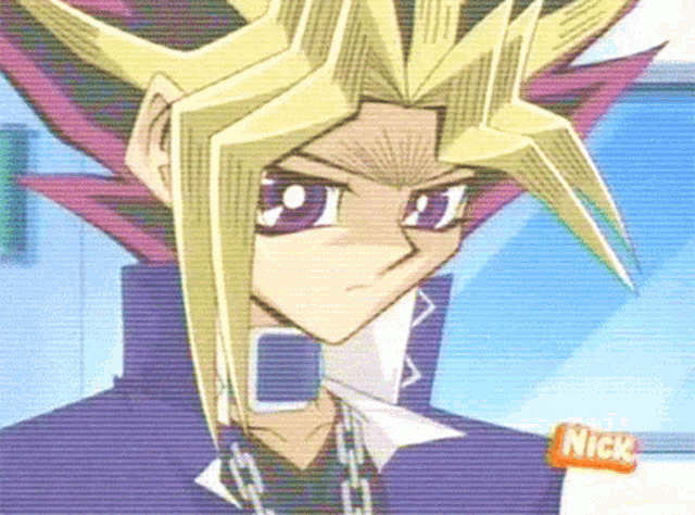 a close up of a cartoon character with a nick logo behind him .