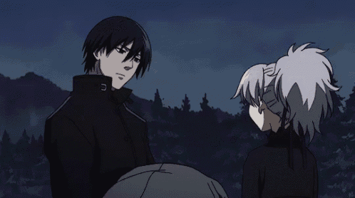 a little girl with purple eyes is pointing at a man in a dark room .