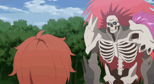 a skeleton with red hair and blue eyes stands next to another skeleton