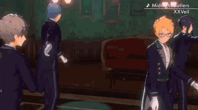 two anime characters standing next to each other with the words midnight butlers xxveil on the bottom right