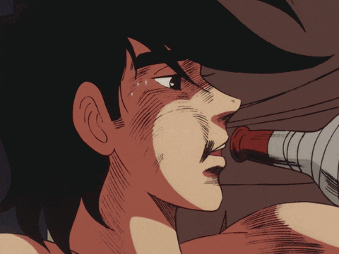 a drawing of a man drinking from a bottle with a red cap