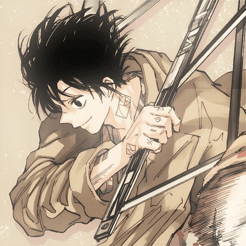 a drawing of a person holding a bow and arrow with a tattoo on their neck