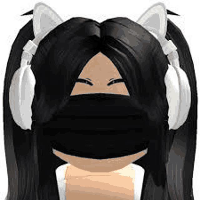 a girl is wearing headphones and a black mask .