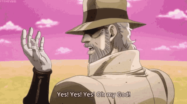 a man in a hat is saying yes yes oh my god