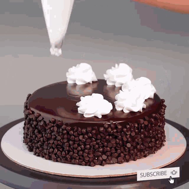 a chocolate cake with whipped cream and chocolate chips on top of it