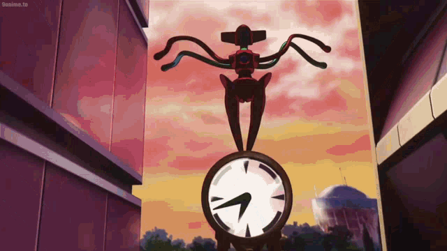 a cartoon drawing of a robot on top of a clock with a sunset background