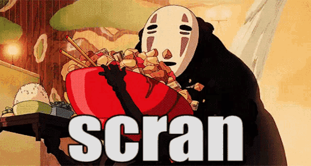 a cartoon of a bear holding a bowl of food with the word scran on it