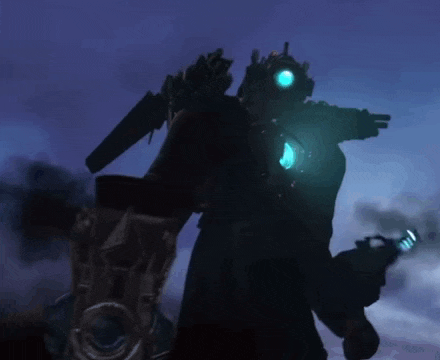 a robot with a blue light on it 's head is standing in the dark holding a gun .