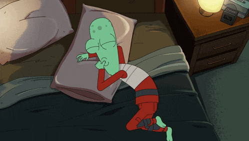 a cartoon character is sleeping on a bed next to a nightstand that says ' a ' on it