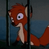 a cartoon fox is sitting in a cage behind bars .