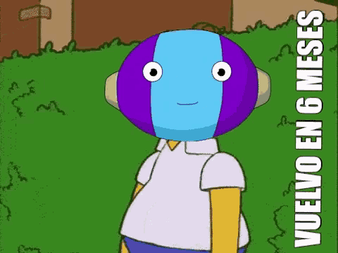 a cartoon of homer simpson with a purple ball on his head and the words vuelvo en 6 meses below him .