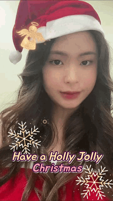 a woman wearing a santa hat with the words have a holly jolly christmas on the bottom