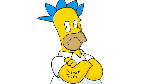 homer simpson with a blue mohawk and the word simp life written on his arm