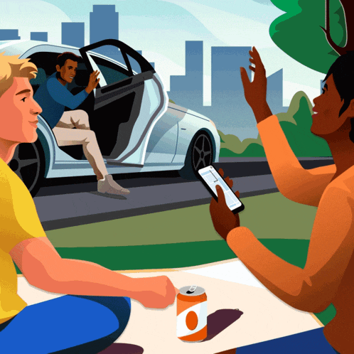 an illustration of a man getting out of a car and a woman taking a picture