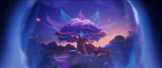 a painting of a tree with purple leaves and a pink sky in the background