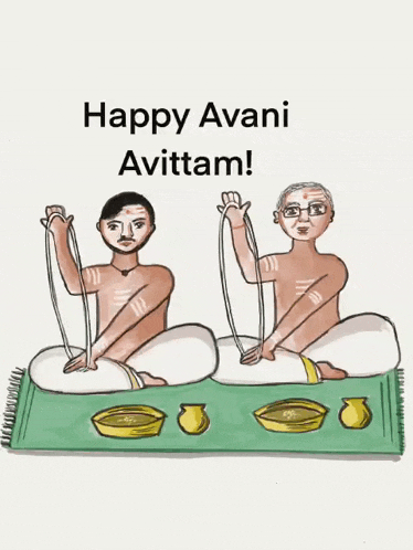 a drawing of two men sitting on a rug with the words happy avanti avittam written above them