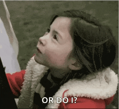 a little girl in a red jacket is looking up with the words `` or do i '' written on the bottom .