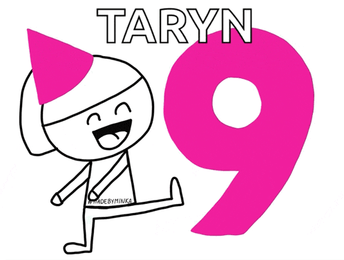 a drawing of a person wearing a pink party hat and the name taryn