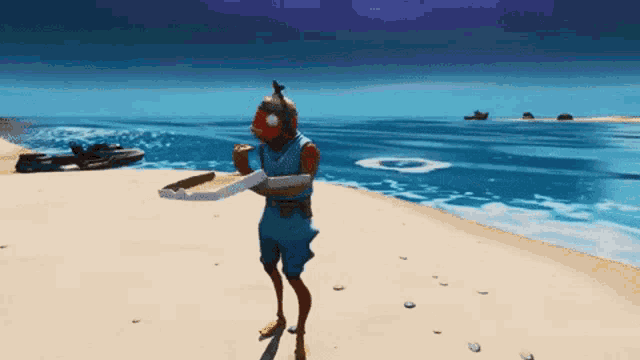 a man with a fish head is standing on a beach holding a piece of pizza