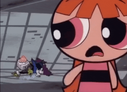a close up of a cartoon character with a surprised expression on her face