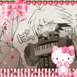 a drawing of a girl holding an accordion next to a hello kitty cat