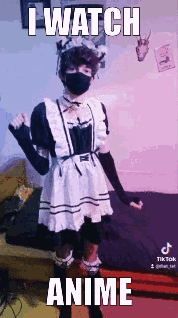 a person in a maid costume is standing in front of a bed and says i watch anime .