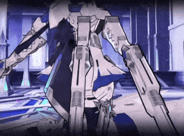 a cartoon drawing of a robot with a blue skirt and a sword
