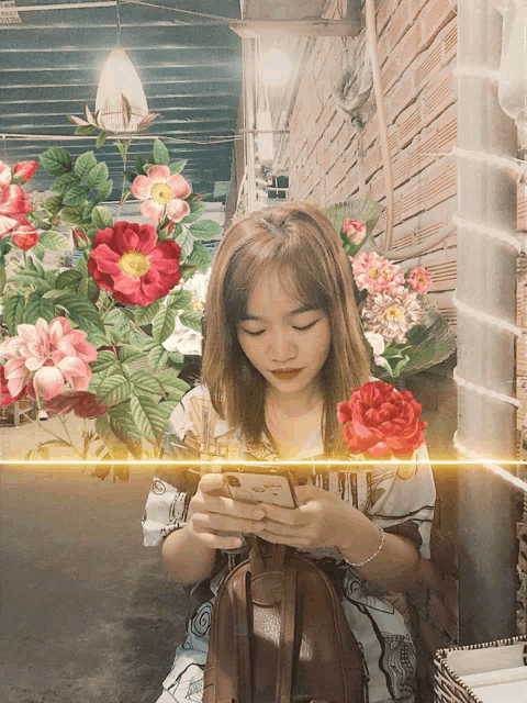 a girl is looking at her phone in front of a painting of flowers