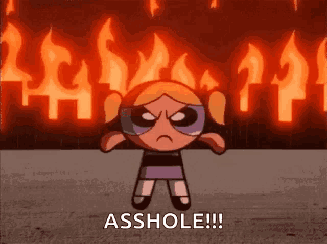 bubbles from the powerpuff girls is standing in front of a wall of fire and saying asshole .