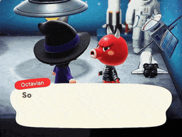 a video game character named octavian is talking to a skeleton character