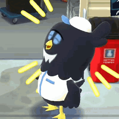 a penguin wearing a white hat and apron stands next to a red trash can