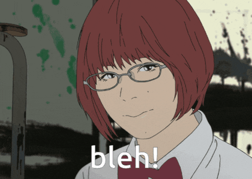 a girl with red hair and glasses says bleh on the bottom