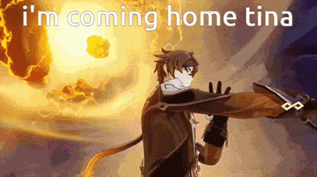 a man is holding a sword in front of an explosion and the words i 'm coming home tina