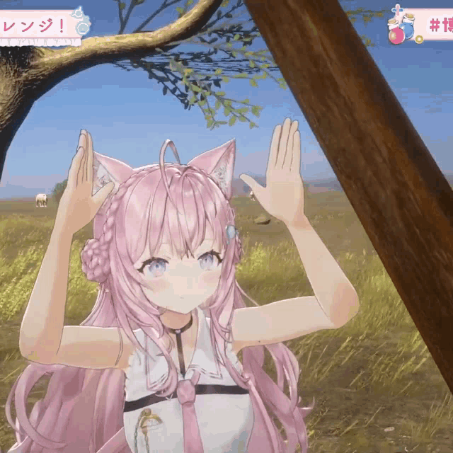 a girl with pink hair and cat ears is standing in a field with her hands up