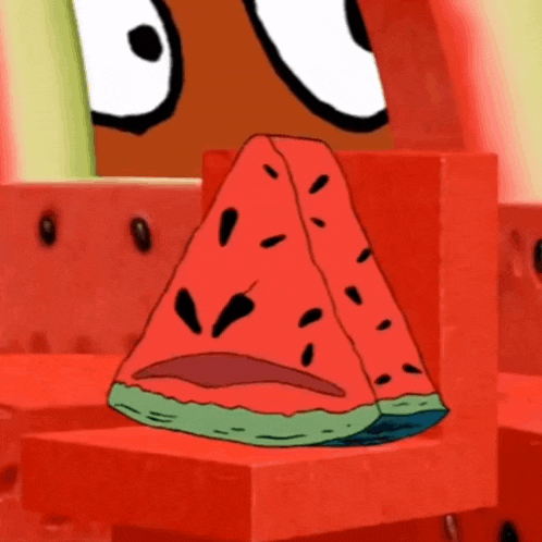 a cartoon watermelon with a face is sitting on a red cube