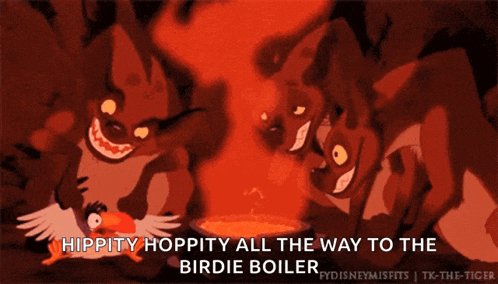 a cartoon of a group of animals with the words hippity hoppity all the way to the birdie boiler at the bottom