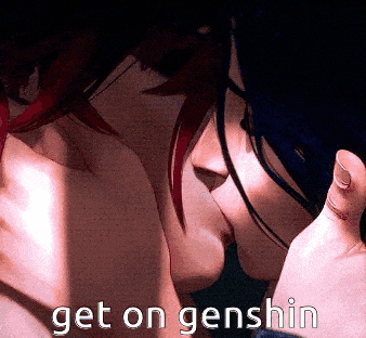 a couple of people kissing with the words get on genshin written on the bottom