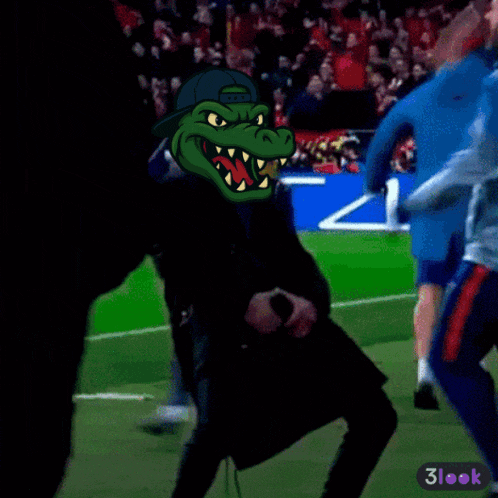 a cartoon of a man with a crocodile head on a soccer field with the words 3look at the bottom
