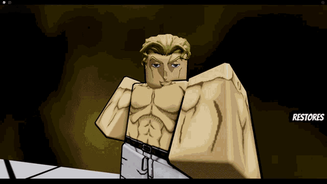 a cartoon of a shirtless man with the word restores below him