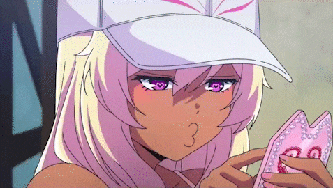 a girl in a white hat is holding a pink item