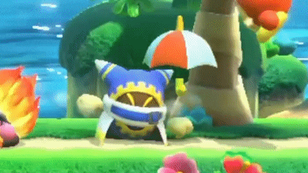a cartoon character is holding an umbrella while standing on a grassy field .