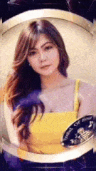 a woman in a yellow tank top is surrounded by a coin that says ' portrait of song '