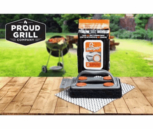a proud grill company advertisement with a bag of sniper on a table
