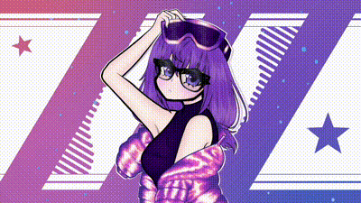 a girl with purple hair and glasses is standing in front of a purple and white background .