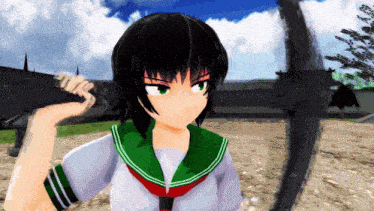 a cartoon girl with black hair and green eyes is holding a sword