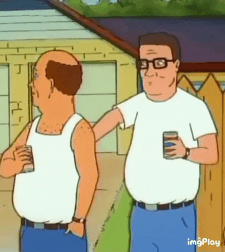 two men from king of the hill are standing next to each other holding drinks .