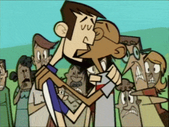a cartoon of a man hugging another man with a face that says " vv "