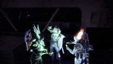 a video game screen shows a group of aliens with glowing arms