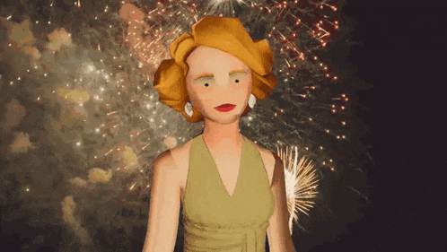 a woman in a green dress is standing in front of a fireworks display