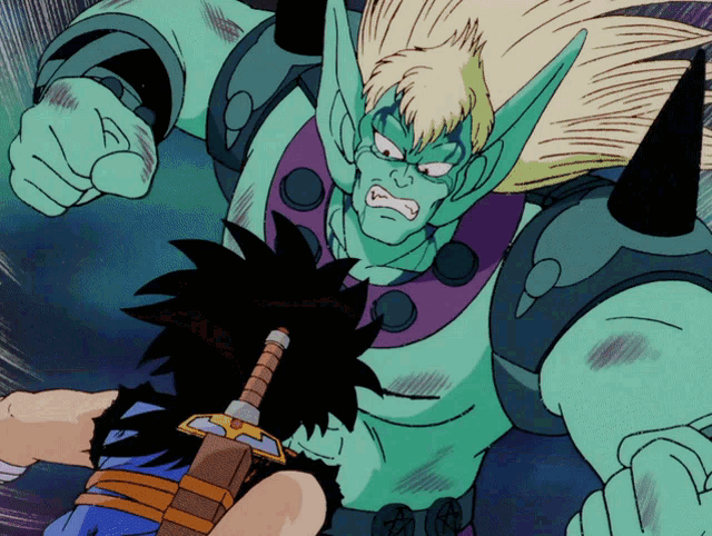 a cartoon character holding a sword is being attacked by a monster